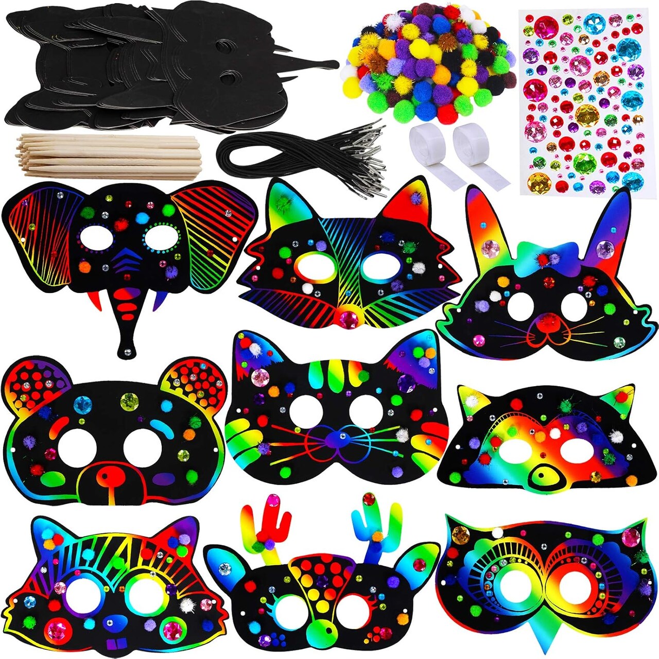 27-Piece Magic Rainbow Scratch Art Animal Masks for Kids – DIY Owl, Tiger, Rabbit, Wolf & More – Fun Jungle Party, Craft Activity, and Birthday Favors (Black)8 x 5 x 0.2 inches